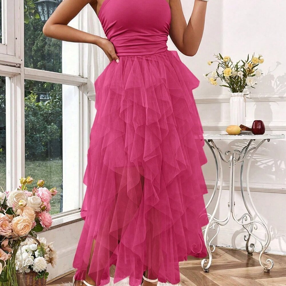 Hot Pink Sexy Women's Ladies Solid Color Simple Style Everyday Mesh Halter Dress - Picture 5 of 6